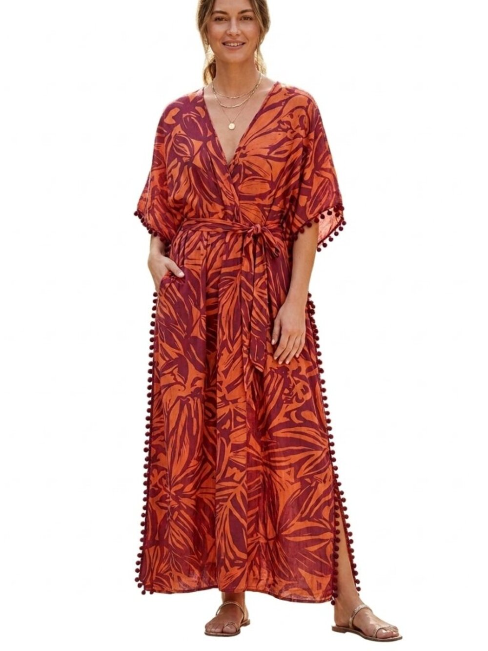 True Destinations Kaftan Cover Up Small Orange Burgundy Tropical Pom Pom Boho